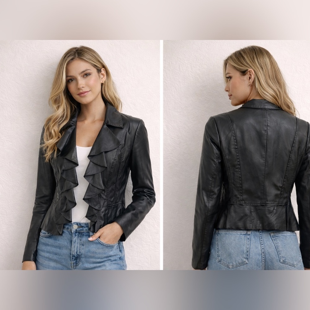 Black Ruffled leather Women's Jacket